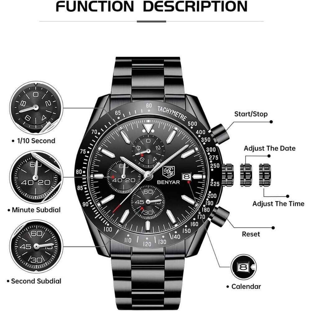 ⚡Watches for Men Analog Quartz Chronograph 30M Waterproof Luminous Big Face - Picture 5 of 9